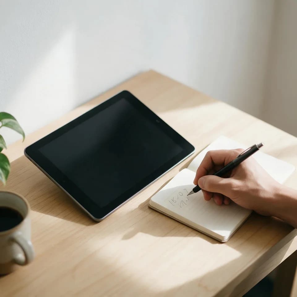 木のデスクに置かれたタブレットとノート
