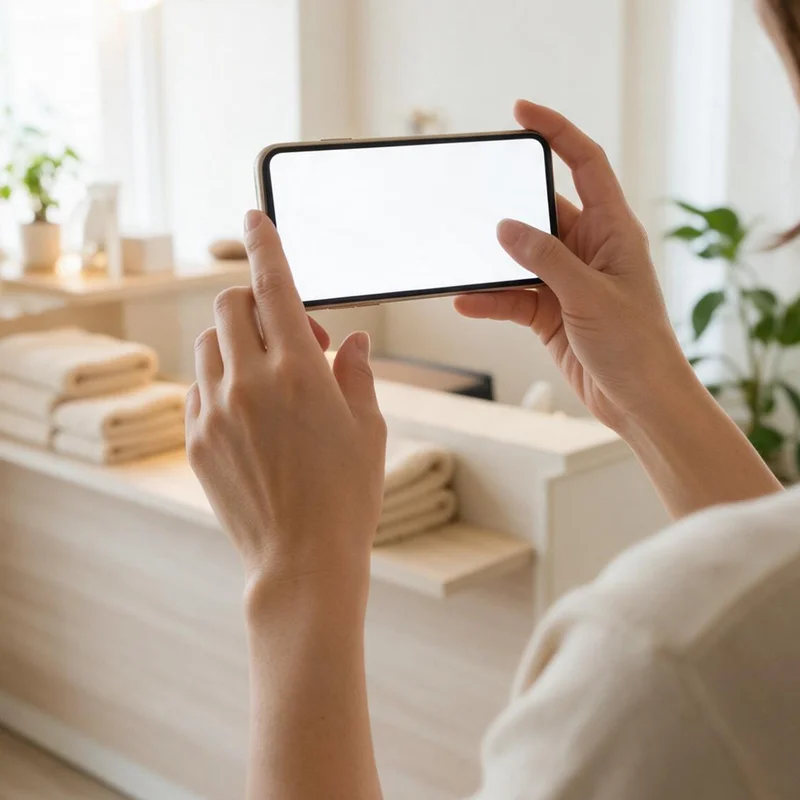 お店の受付でスマートフォンを構えて店内を撮影する手元
