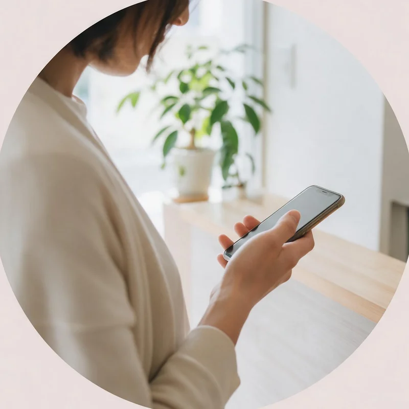 カウンターの横でスマートフォンの画面を見る人