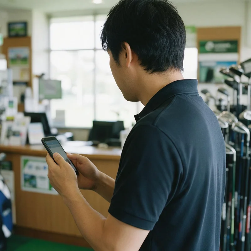 受付カウンターの横でスマートフォンの画面を見る人