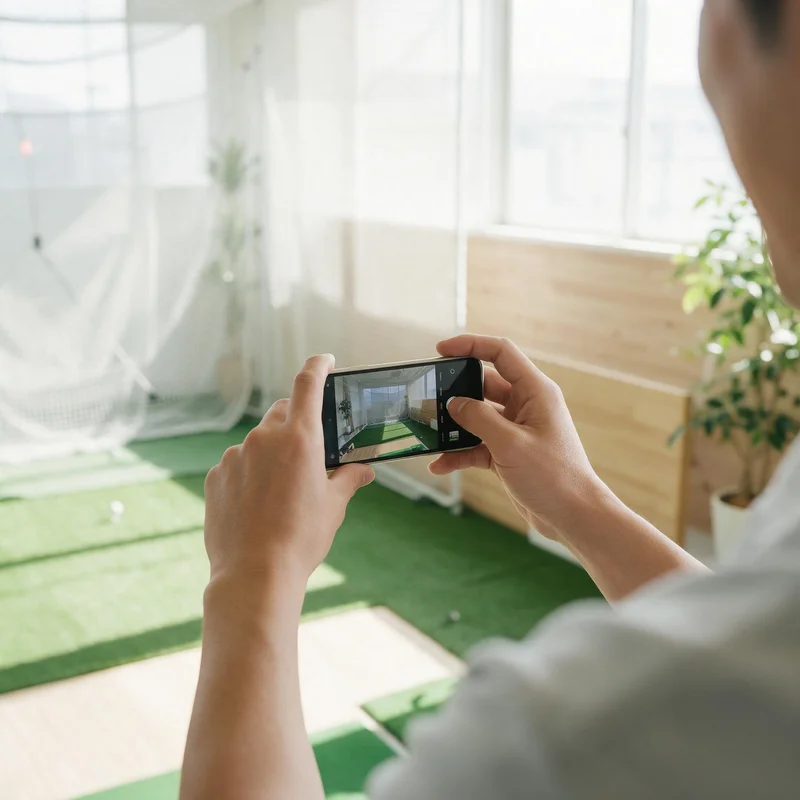 店内でスマートフォンを構えて打席を撮影する手元