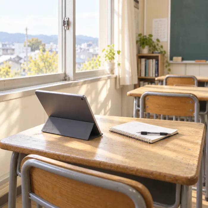 授業後の静かな教室の机に置かれたタブレットとノート