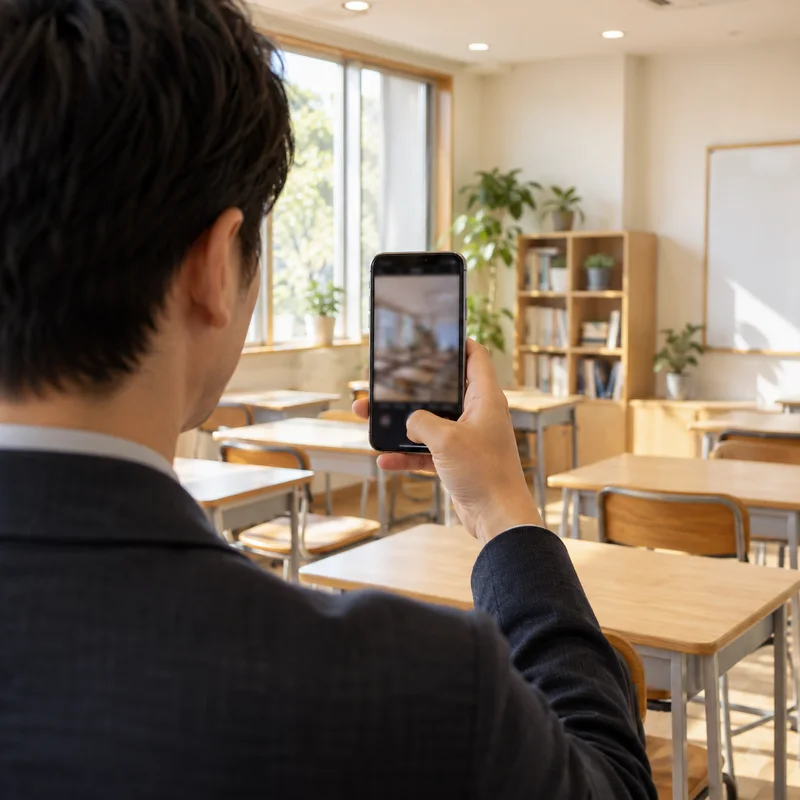 スマートフォンで教室を撮影する塾の担当者の手元
