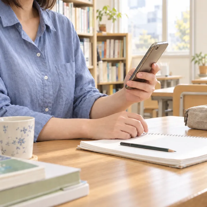 教室の机でスマートフォンを確認する塾の担当者