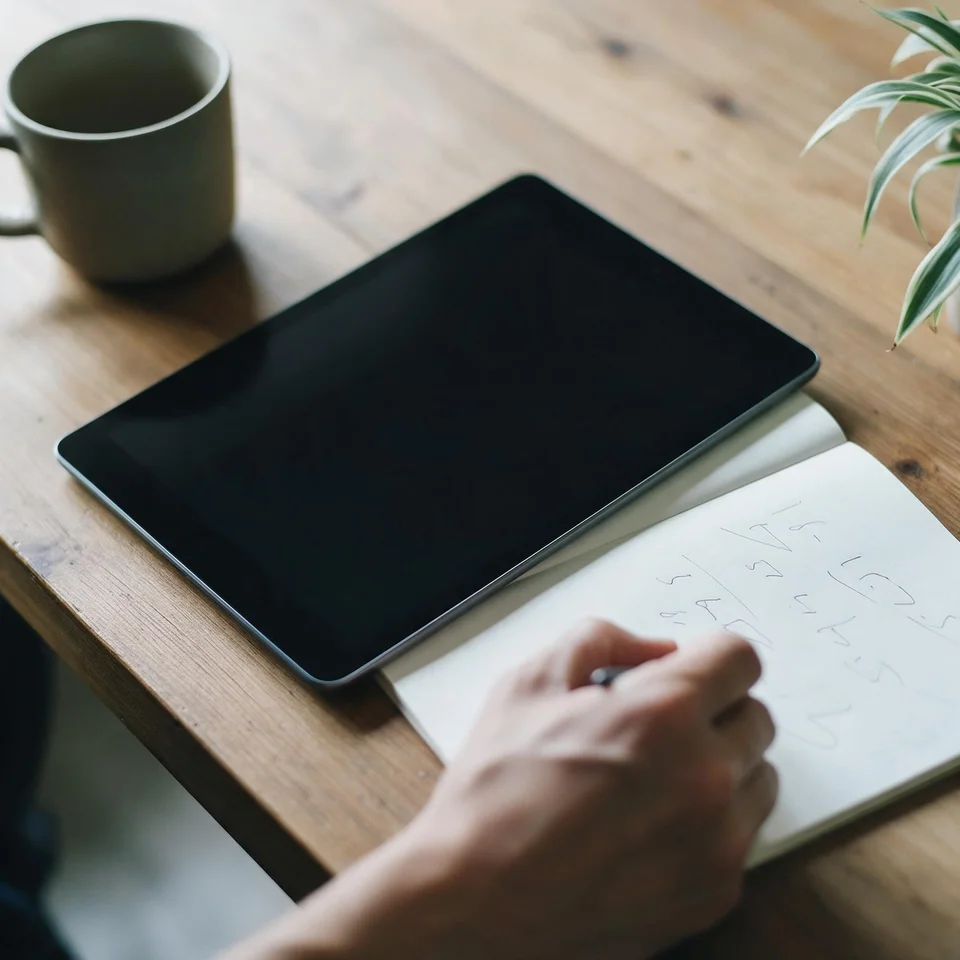 木のデスクに置かれたタブレットとノート