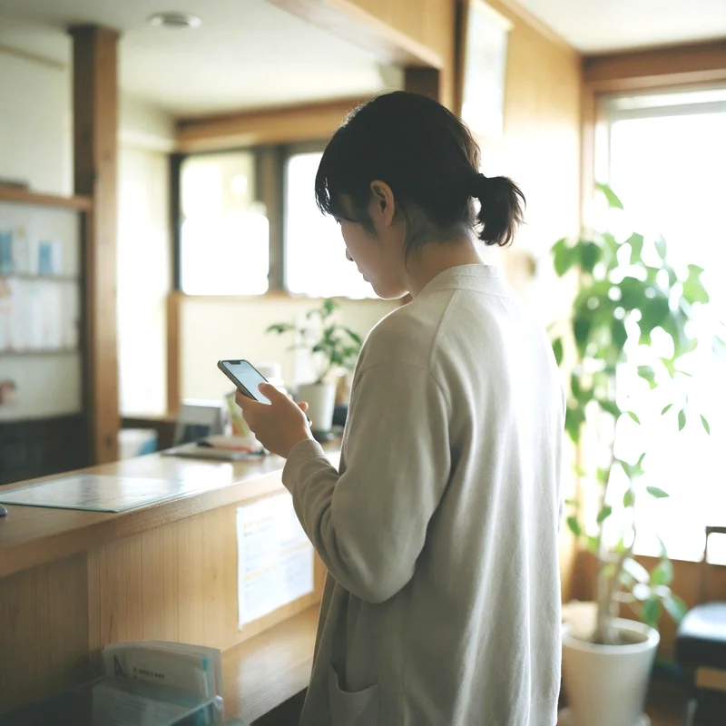 受付カウンターの横でスマートフォンの画面を見る人