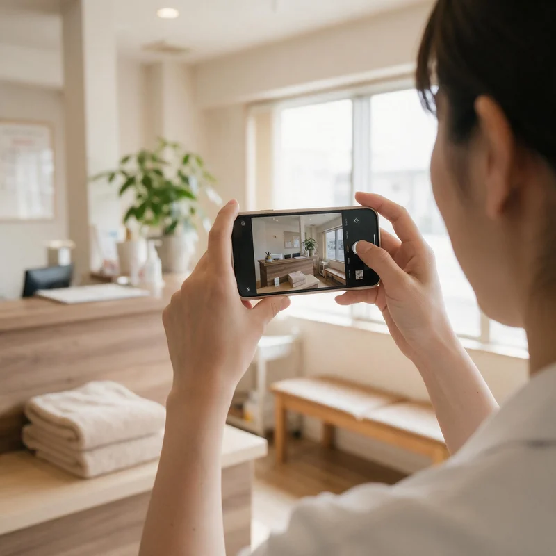 整骨院の受付でスマートフォンを構えて院内を撮影する手元